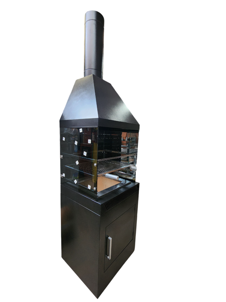 Churrasqueira gourmet coifa, suporte, trilho com vidro, expositor preto e porta 65 x 60 x 2.20